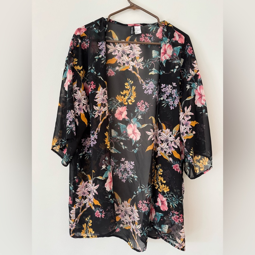 Divided Black Sheer Floral Kimono with Pink and Yellow Blooms
